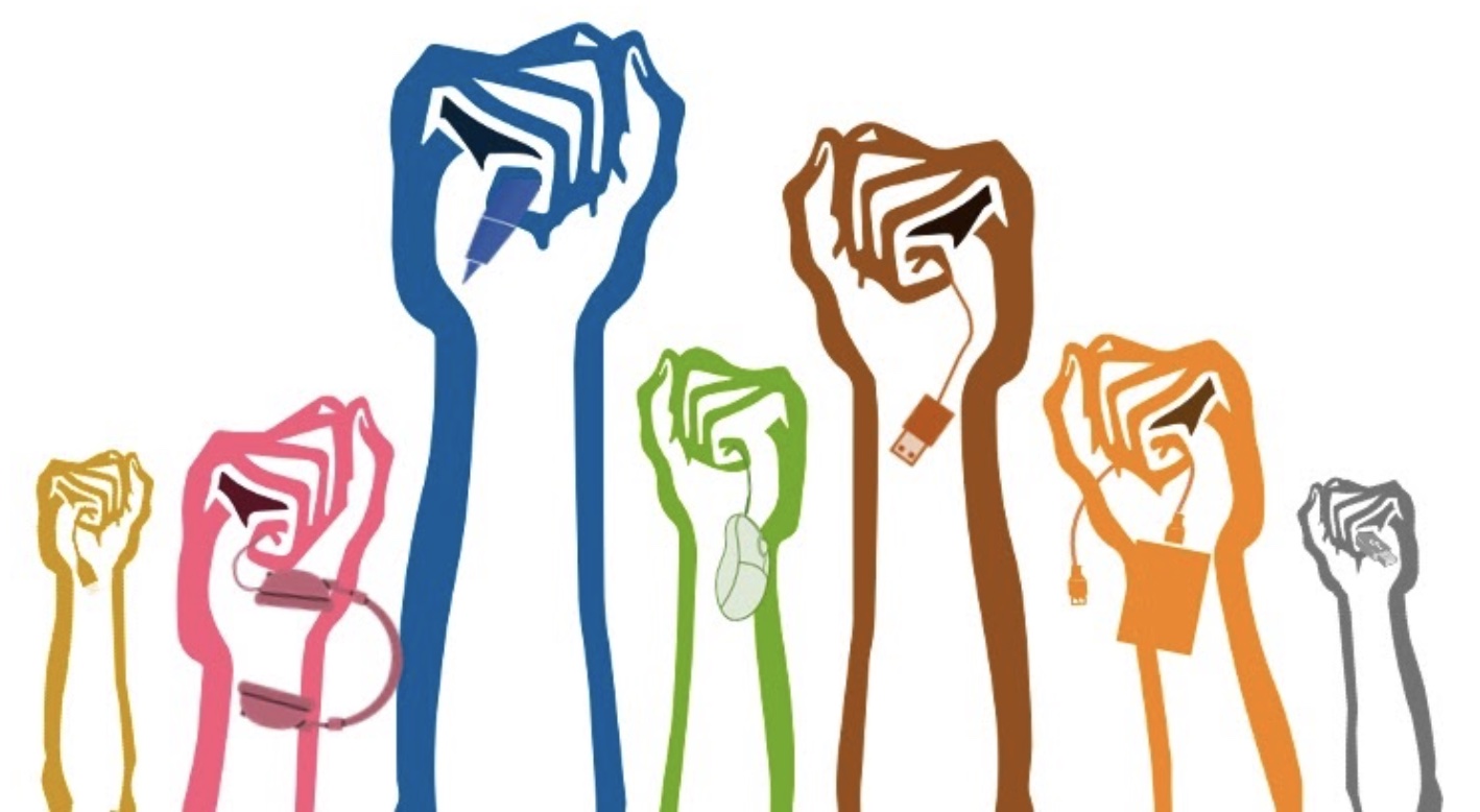 An illustration of seven fists raised up, each holding a kind of tech peripheral or cord or plug